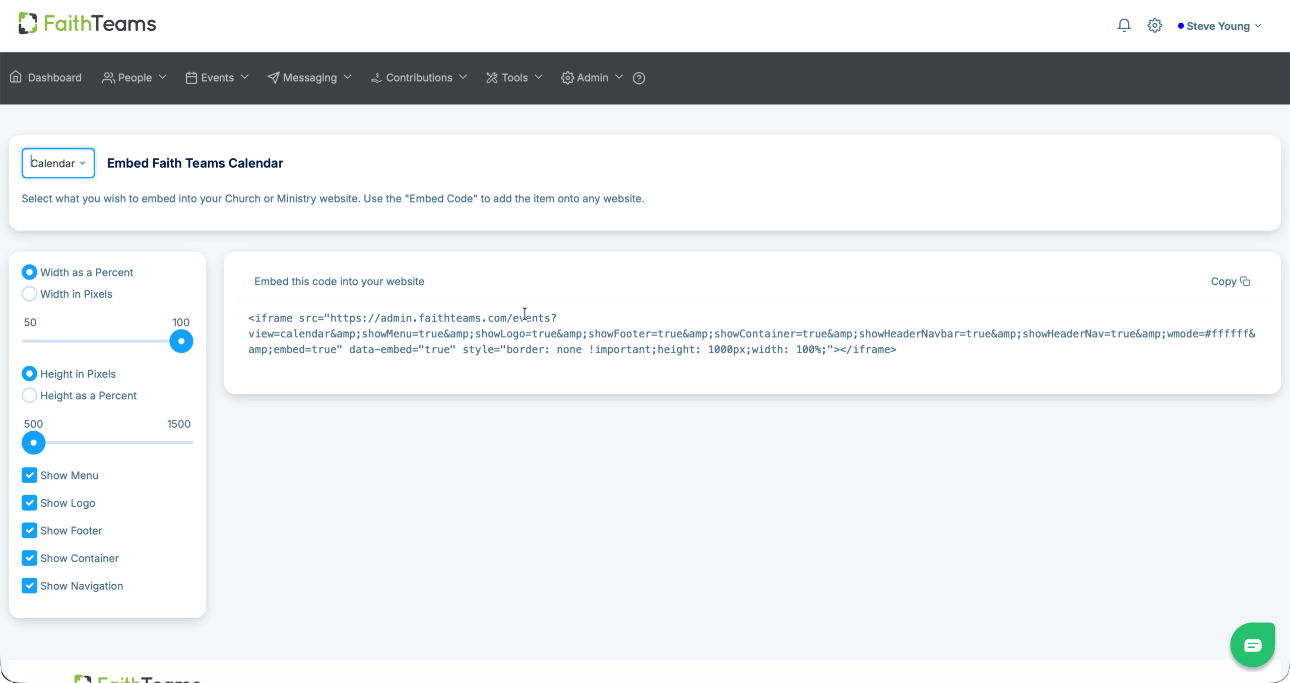 Embedding Faith Teams ChMS Calendar Widget